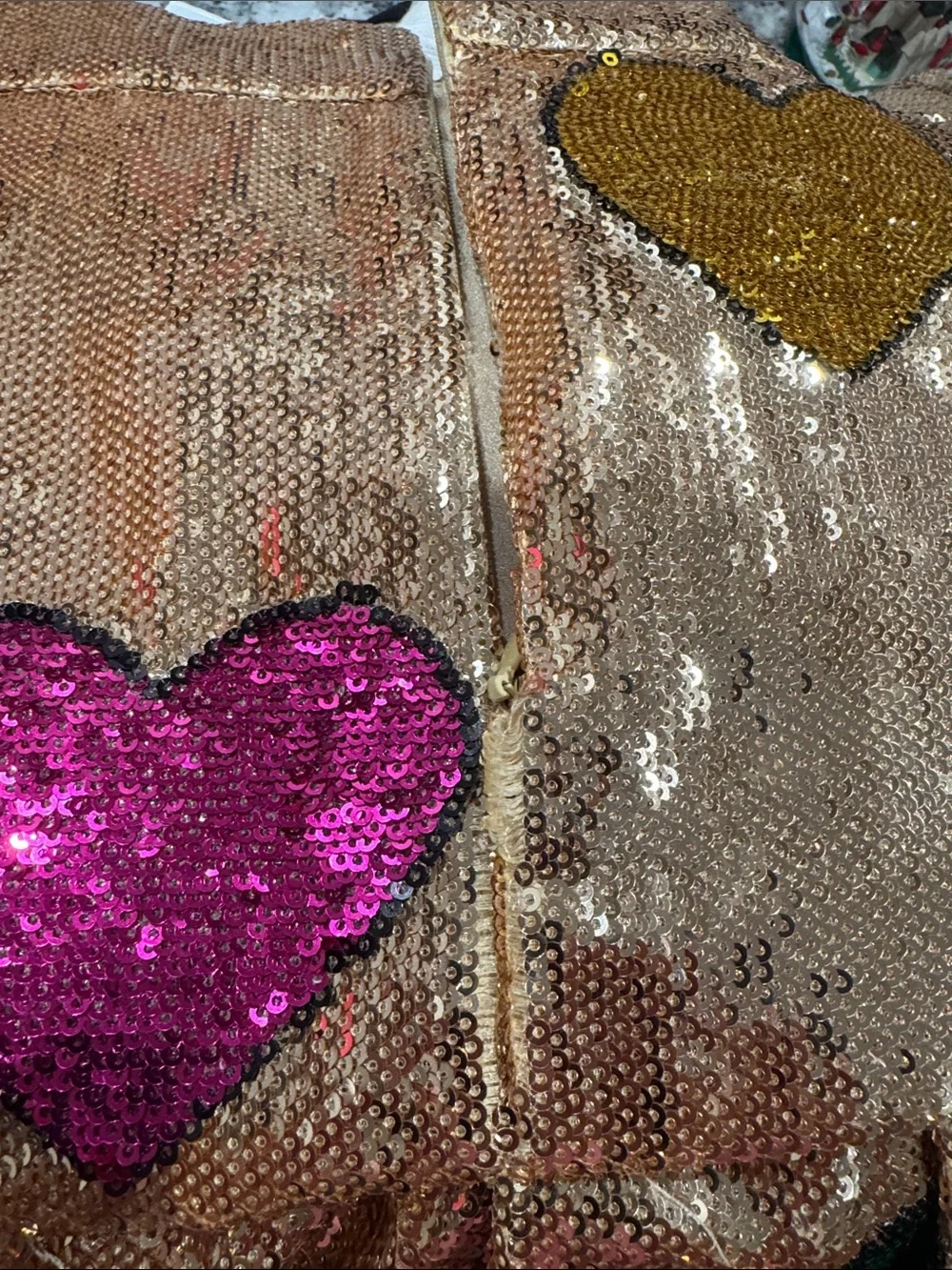 QUEEN OF SPARKLES Gold Sequin Skirt with Multicolor Heart Appliqués - Picture 7 of 8